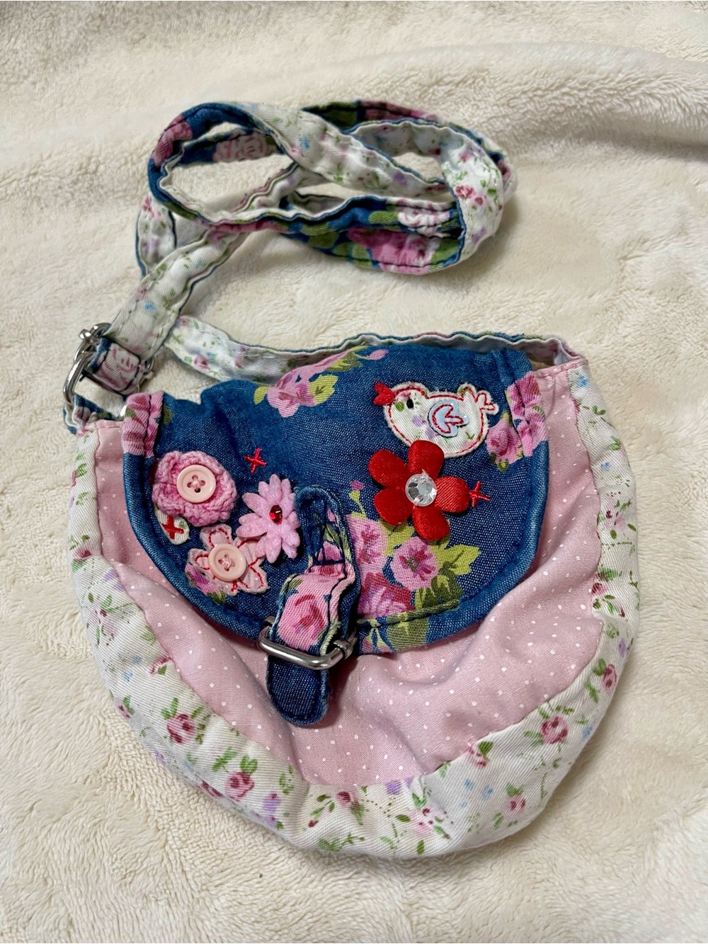 Kidcore Patchwork Denim Crossbody Mini Bag Pink Polka Dot Flower Flap Pouch Boho